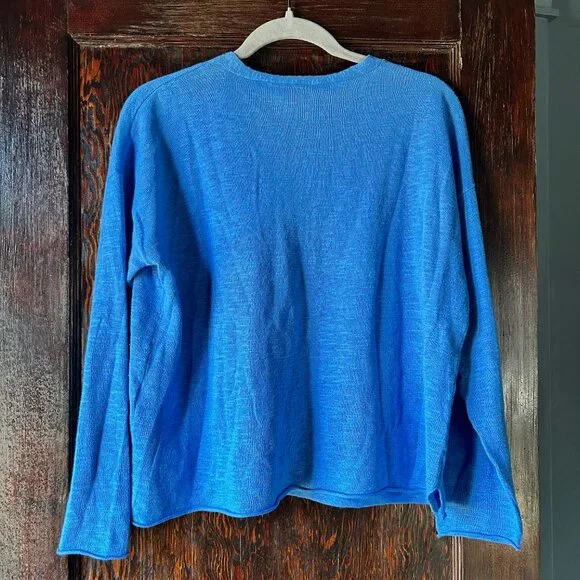 Eileen Fisher Coastal Blue Linen Cotton V-Neck Oversized Loose Knit Sweater - Picture 2 of 7